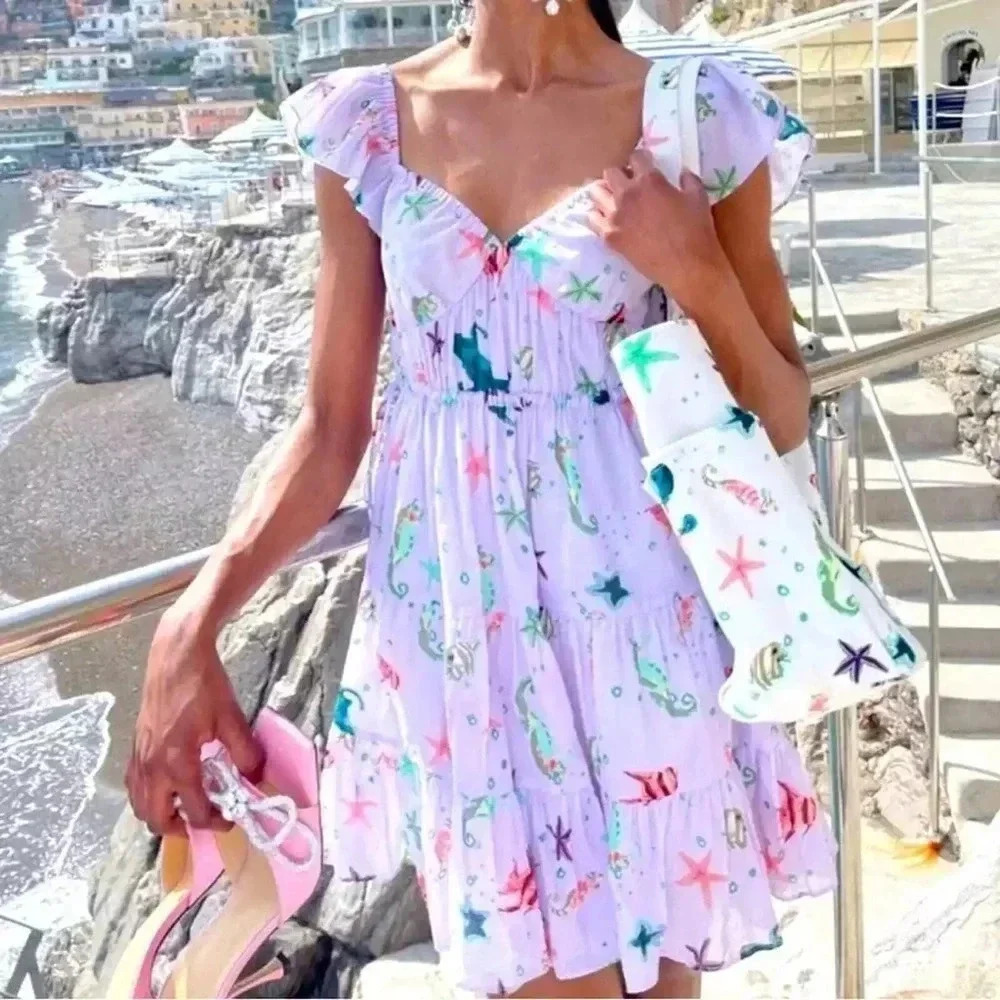 Hill House Lucia mini dress sea creatures lilac lavender coastal print ruffles